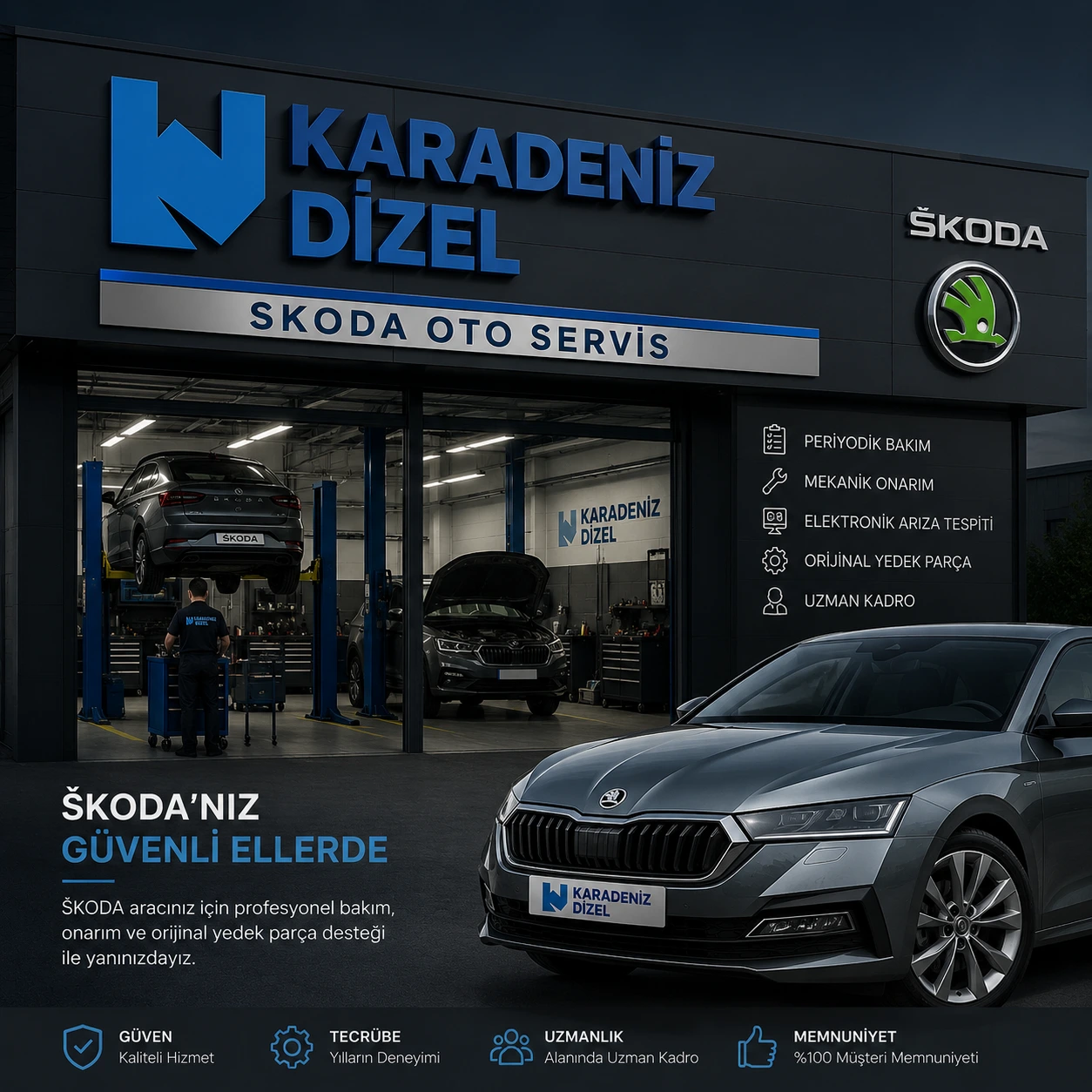 Karadeniz Dizel Oto Servis teknisyeni Skoda araca müdahale ederken